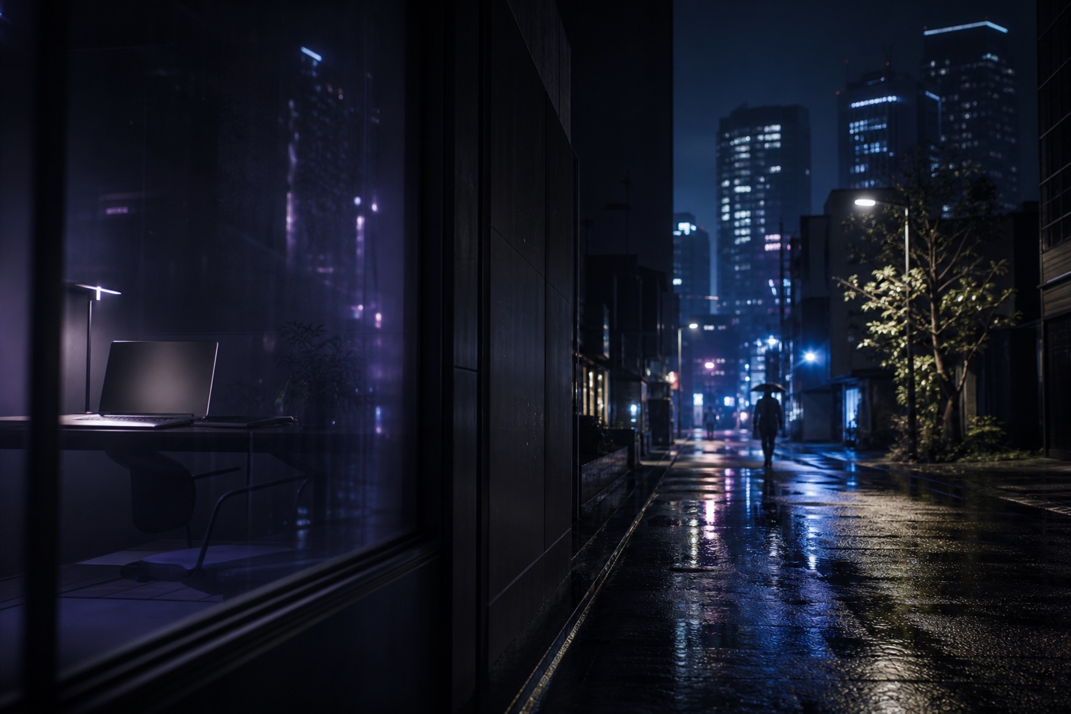 Generated Tokyo night rain scene with a quiet workstation reflection for the Night Layer