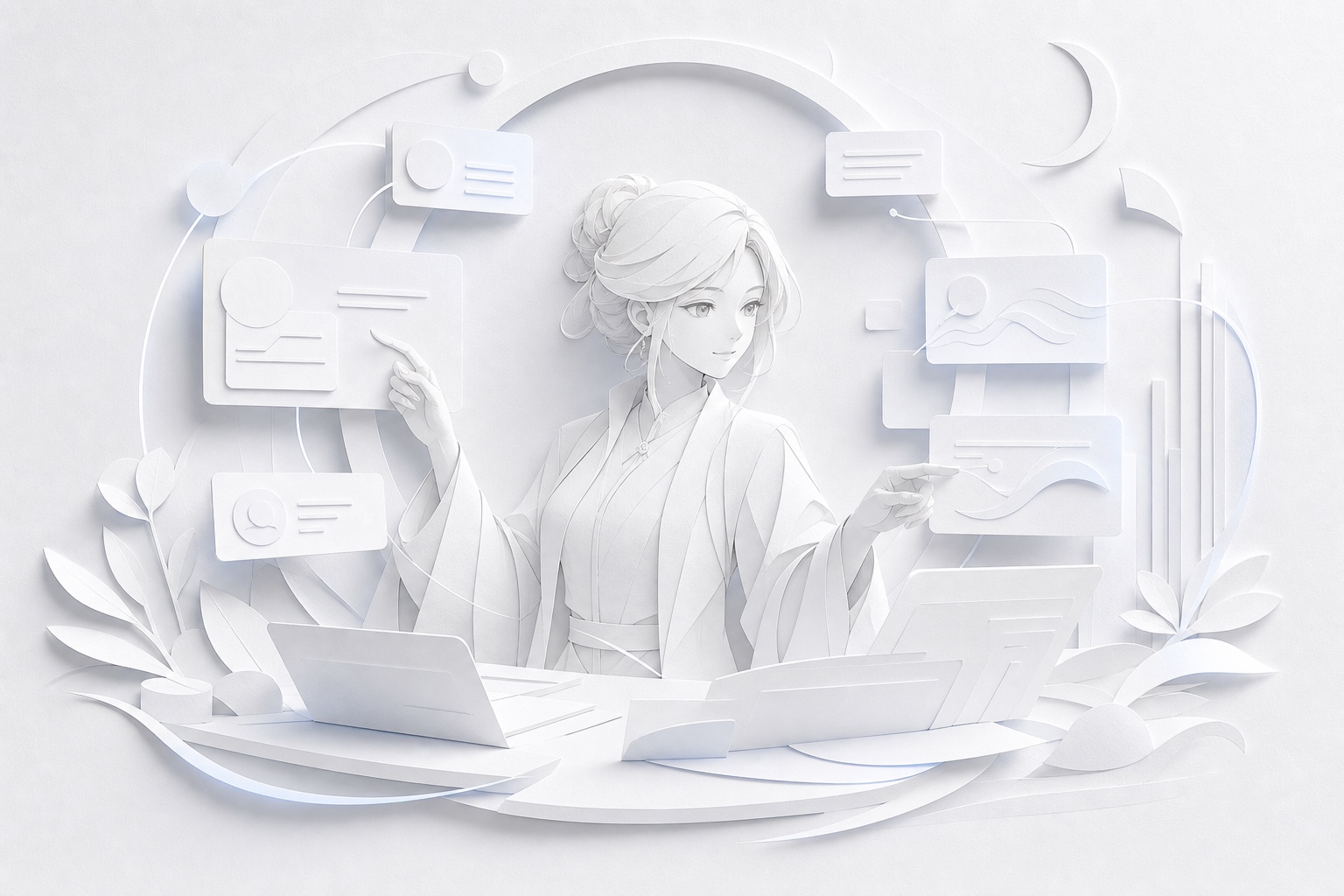 Generated white paper relief female AI operator organizing context cards for the Surface World